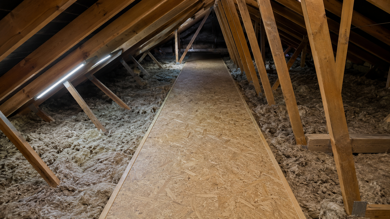 Narrow boarded walkway running through an insulated loft beneath timber roof trusses