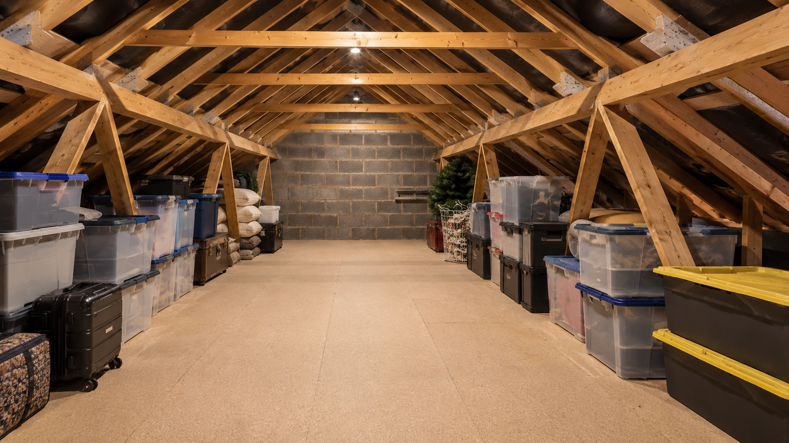 Completed boarded loft with storage boxes arranged along both sides of a clear central floor