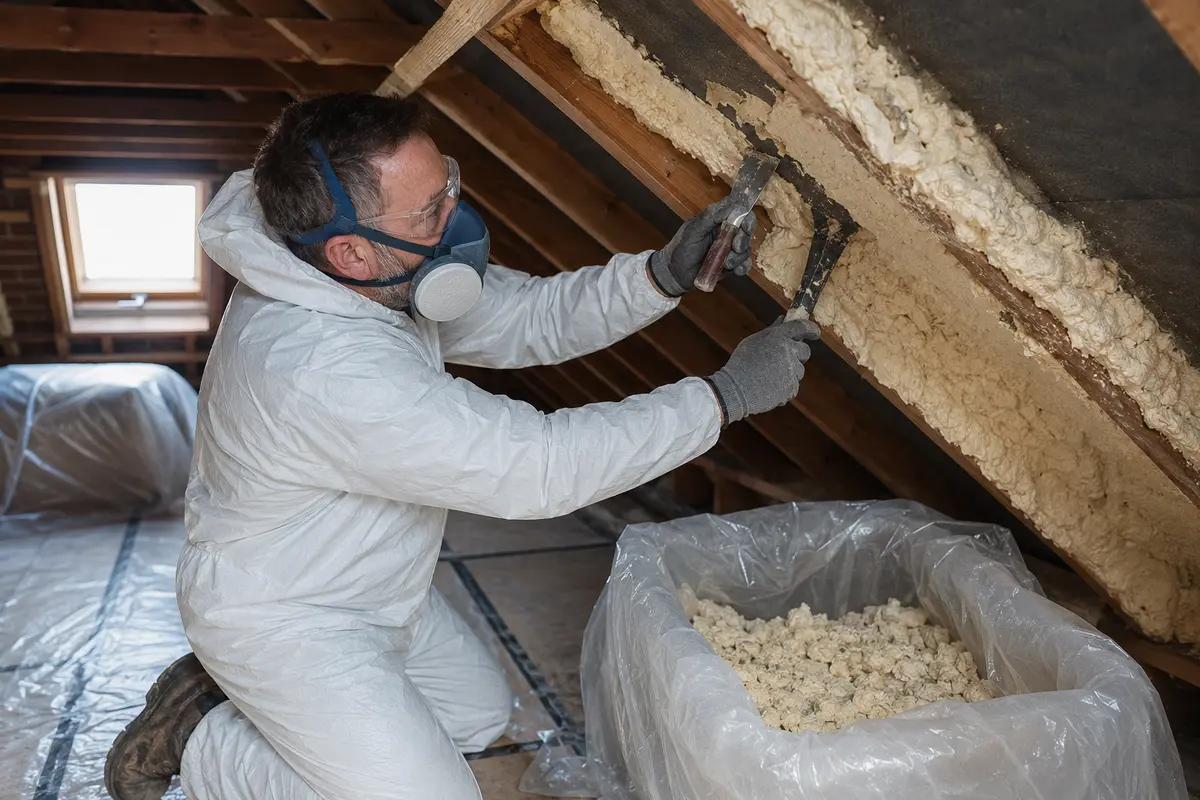Tradesperson carefully removing spray foam from roof timbers inside a UK loft